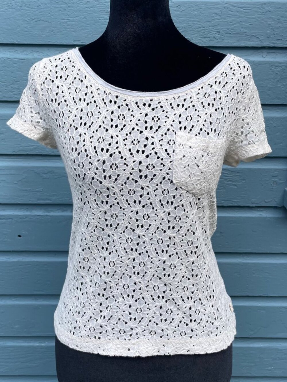 Vintage Y2K Hollister Short Sleeve Top Cream Lace Logo Elena Bella Swan XS RARE